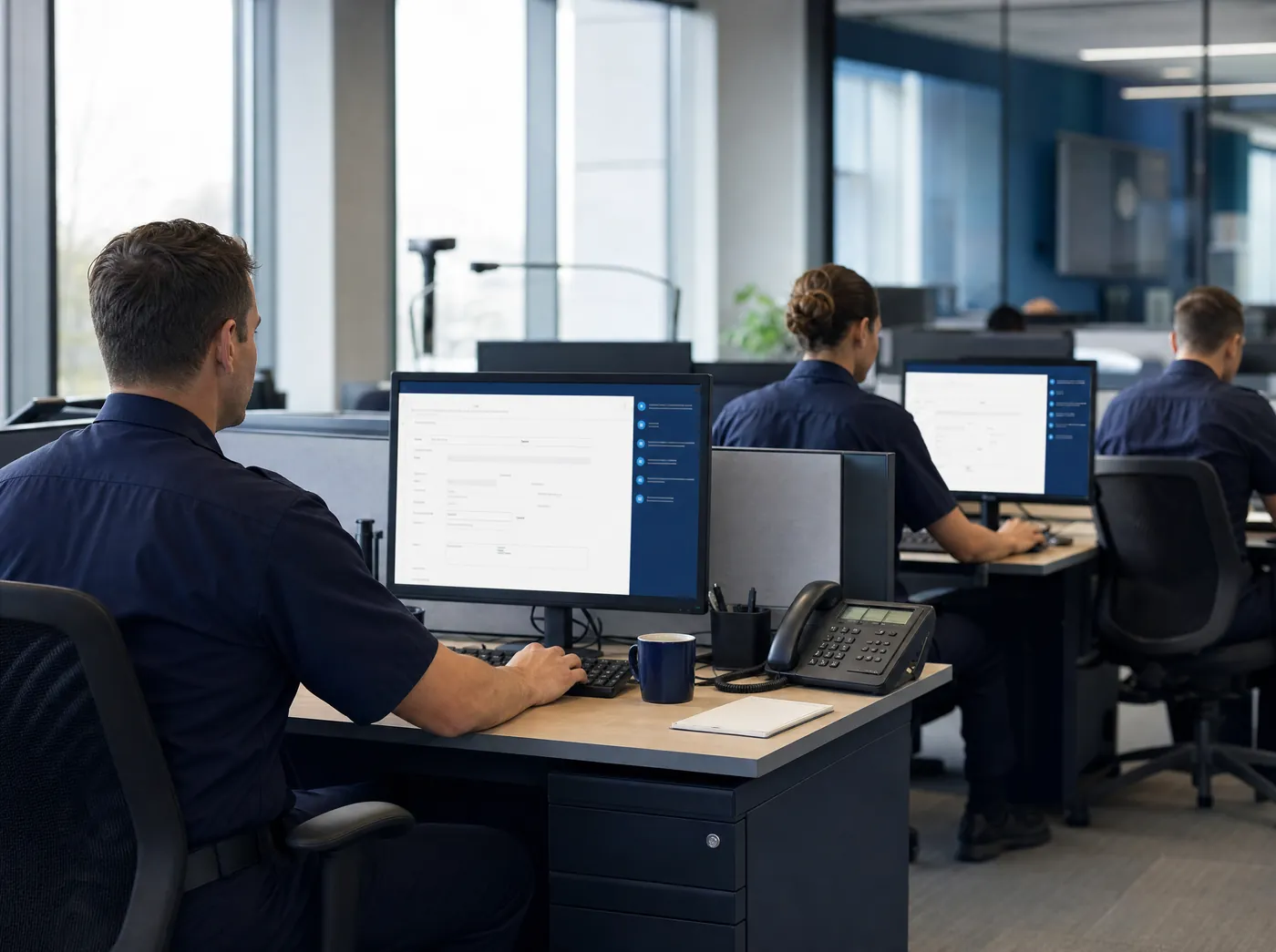 Mehrere Beamtinnen und Beamte arbeiten an eigenen Arbeitsplätzen mit dem KLARAKT-Assistenten.